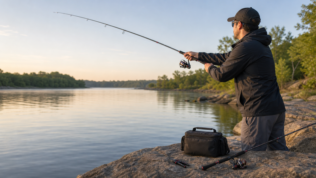 Angler casting a spinning rod from a rocky freshwater bank beside a compact tackle bag and fishing pliers