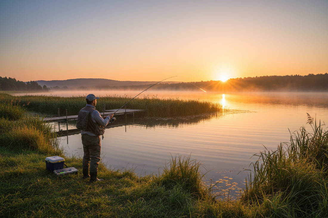 Bank fishing rod, tackle bag, lures, hooks, and landing net beside a shoreline
