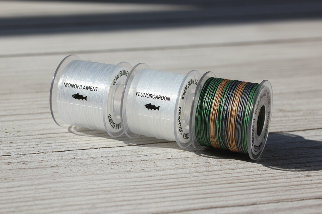 Monofilament, fluorocarbon, and braided fishing line spools beside a bass rod and reel