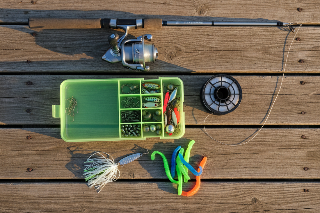 Beginner fishing tackle with spinning rod, reel, line, hooks, weights, and lures