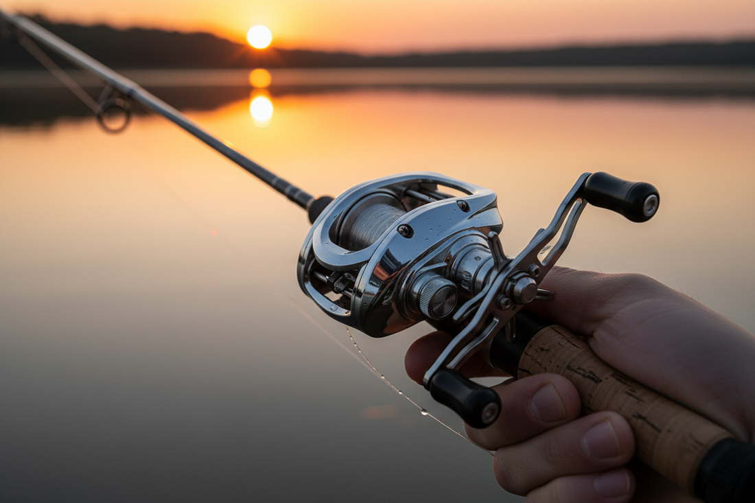 Baitcasting reel beside a bass rod, spool, brake dial, and fishing line