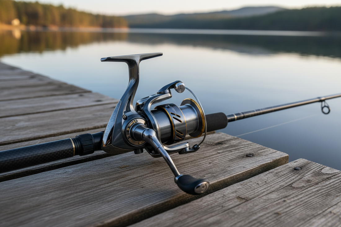 Spinning reel mounted on a freshwater rod beside fishing line and tackle