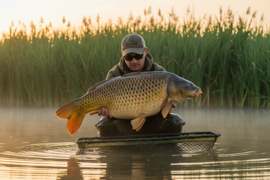 Carp fishing setup with corn bait, hair rig, hooks, and rod on a lake bank