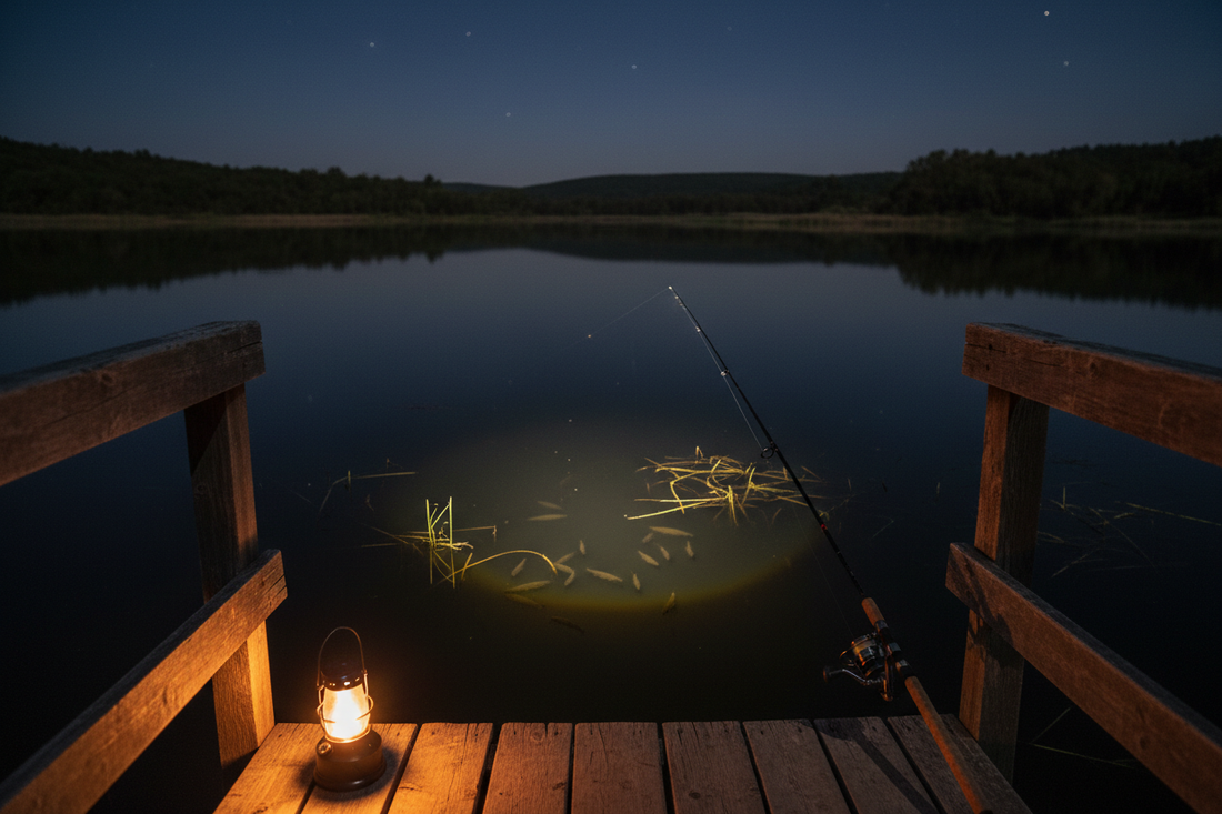 Black buzzbait and dark fishing lures arranged for night bass fishing beside a tackle box