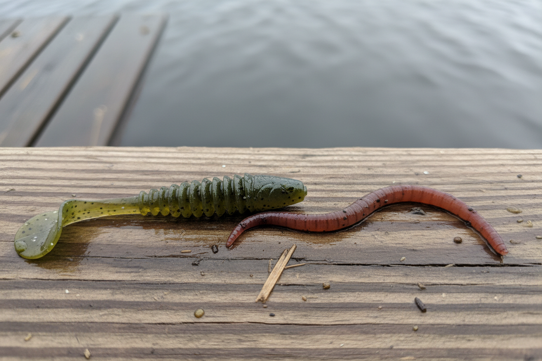Live worm and soft plastic fishing lures on a wooden dock beside the water