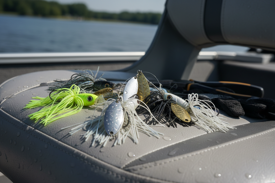 White and chartreuse spinnerbaits with metal blades on a fishing tackle box