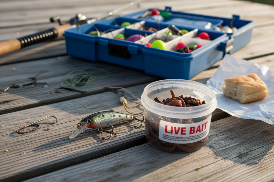 Fishing bait including worms, corn, cut bait, and soft plastic lures beside a tackle box
