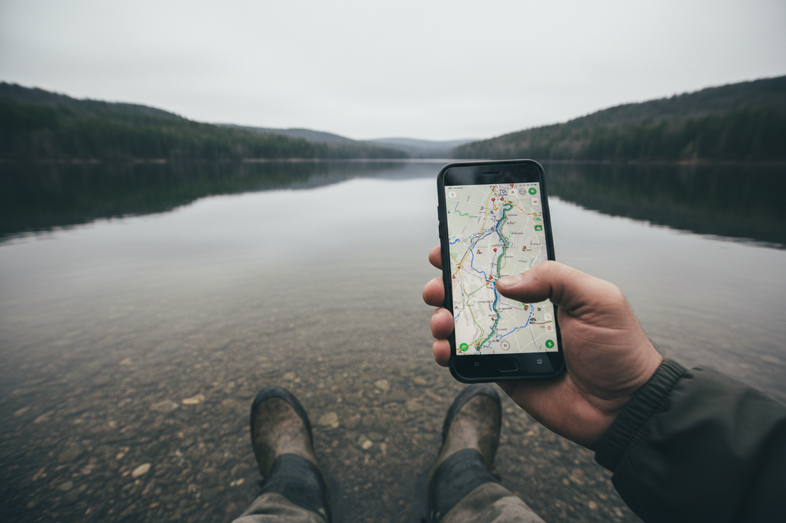 Angler studying an unfamiliar lake shoreline, points, cover, and depth changes