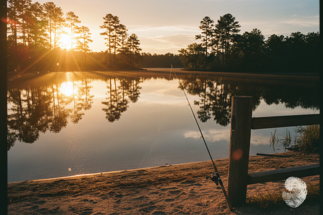 Fishing rod set on a lakeside bank at sunrise