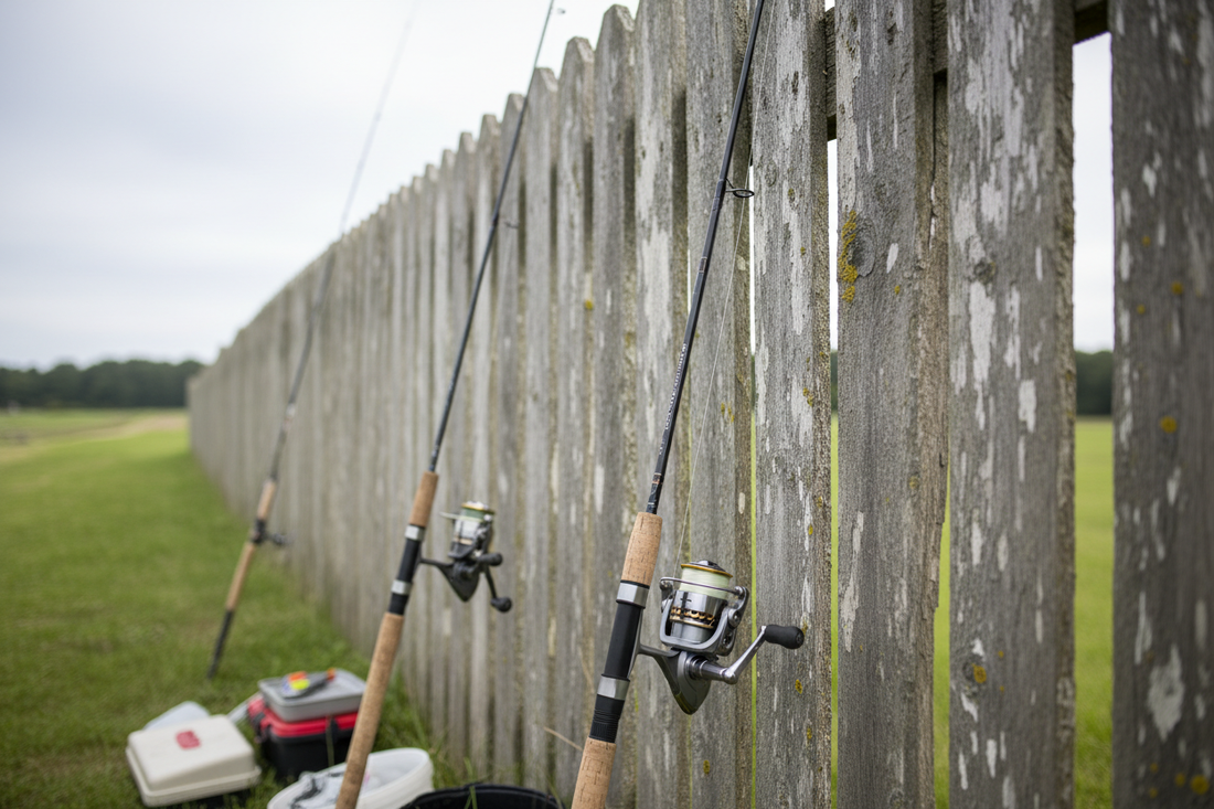 Bass fishing rods with different power, action, and length options beside a reel