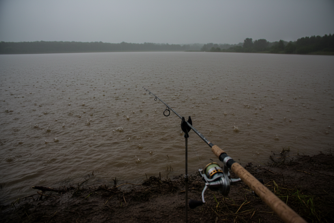 Bass fishing lure near muddy runoff entering a lake after rain