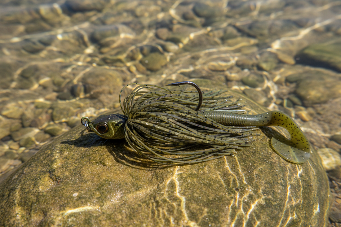 Bass jig with skirt and soft plastic trailer beside rocky bottom cover