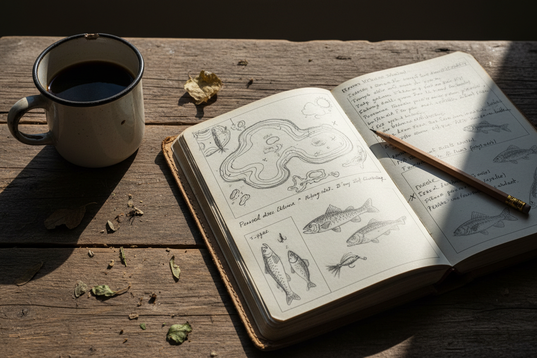 Fishing journal with weather, water, lure, depth, and catch notes beside tackle