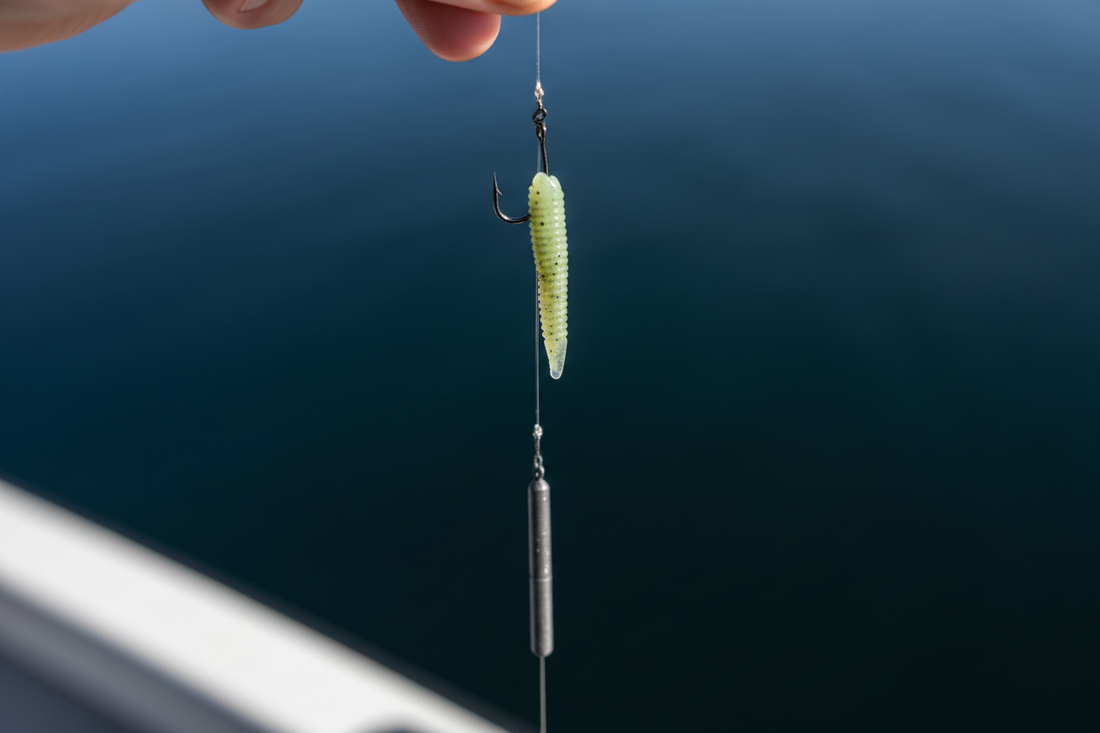 Drop shot rig with soft plastic bait and weight near bass cover