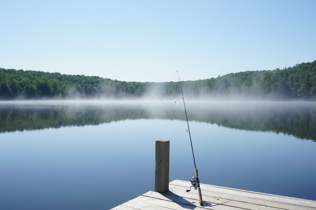 Summer bass fishing lure and rod beside a shaded lake dock in warm weather