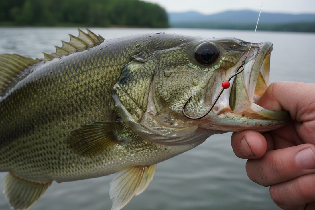 Fishing rod and lures showing hookset angles for topwater, jigs, and crankbaits