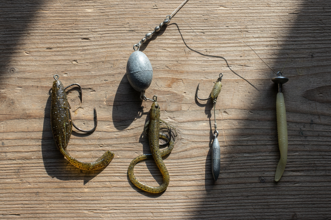 Bass fishing rigs with soft plastics, hooks, weights, and a swivel arranged on a wooden table