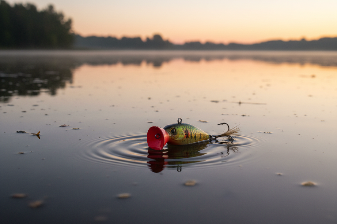 Topwater popper and walking bait beside a bass fishing rod at the surface of a lake