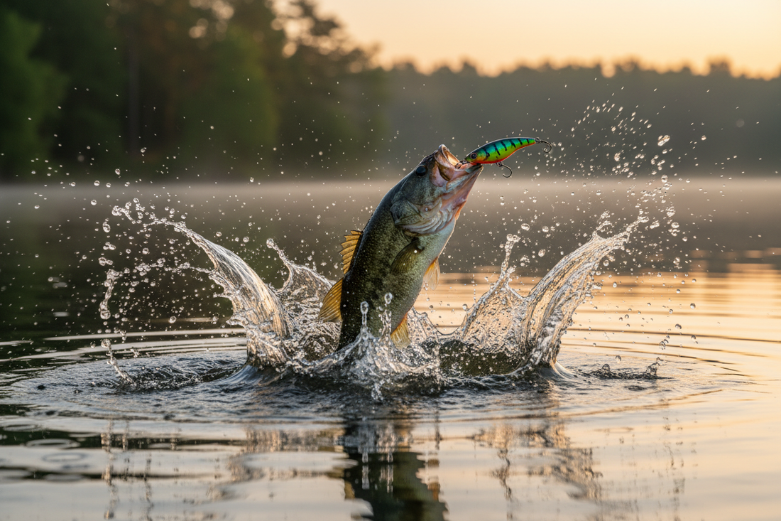 Topwater popper fishing lures with treble hooks on a bass fishing surface