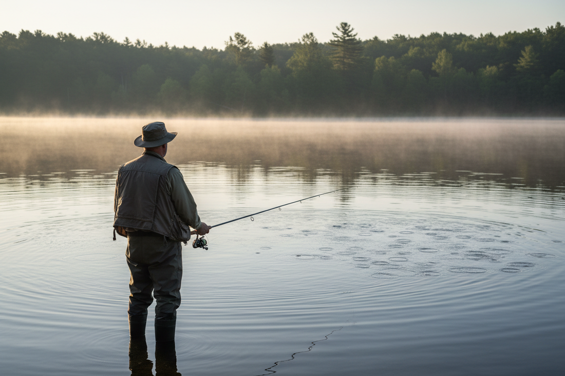 Fishing surface showing baitfish activity, birds, shade, and a lure near cover