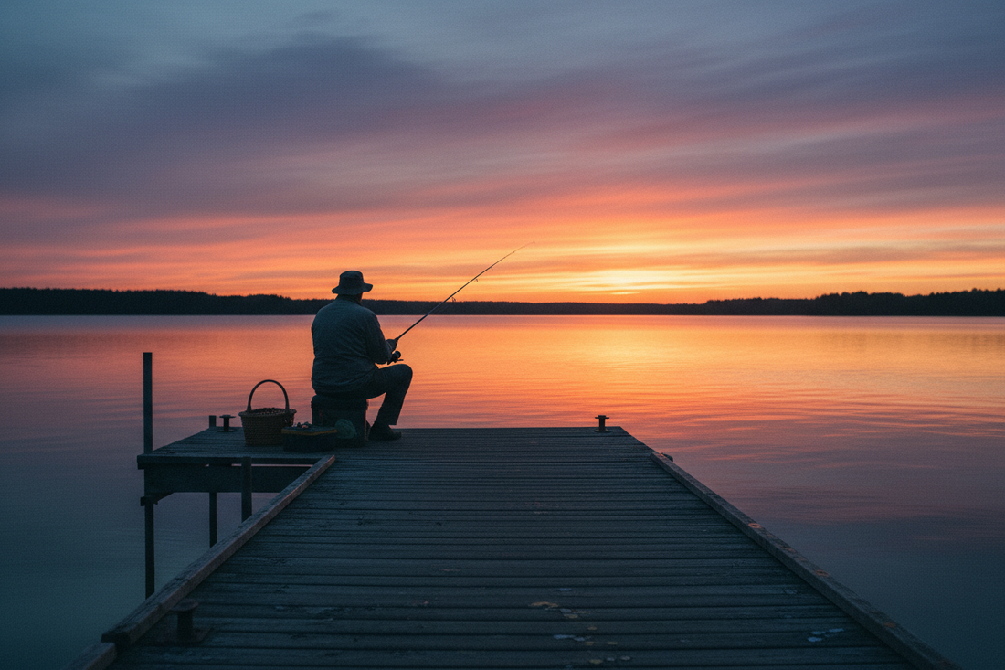 Topwater lure and fishing rod aimed at a bass on a calm lake surface