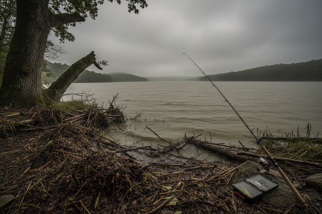 Bass fishing a lake after heavy rain with muddy runoff along the shoreline
