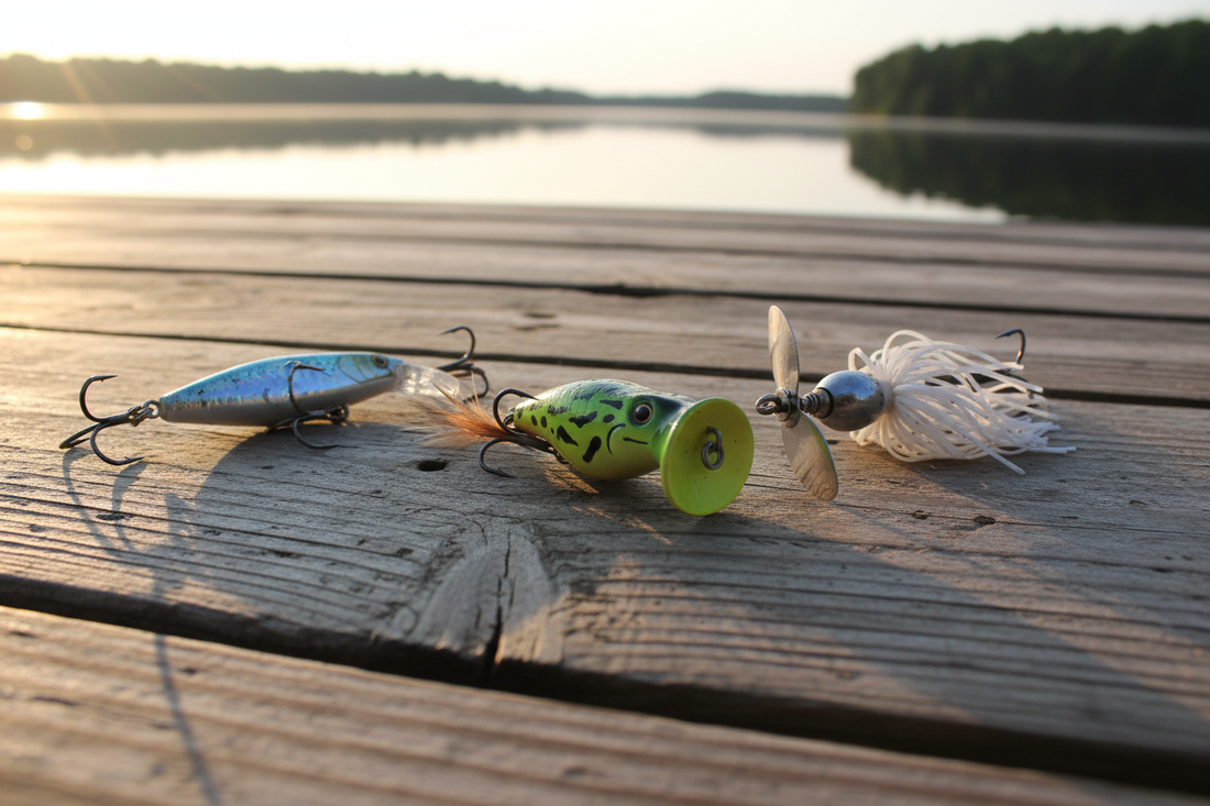 Bass topwater popper, walking bait, buzzbait, and frog lure