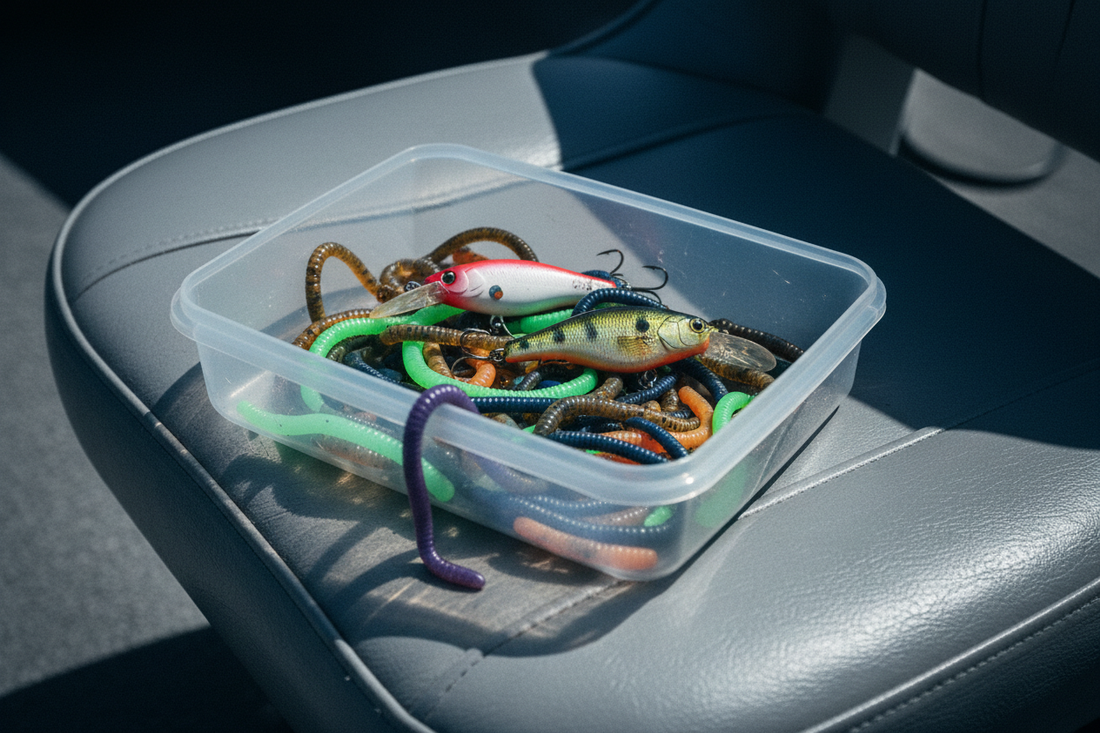 Soft plastic paddle tail swimbait and hard fishing lures arranged on a tackle box