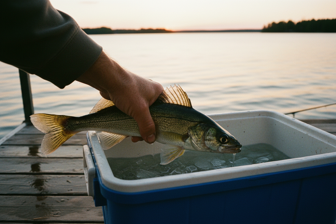 Walleye fishing lures including a minnow lure, jig head, soft plastic, and spinnerbait over rocky bottom