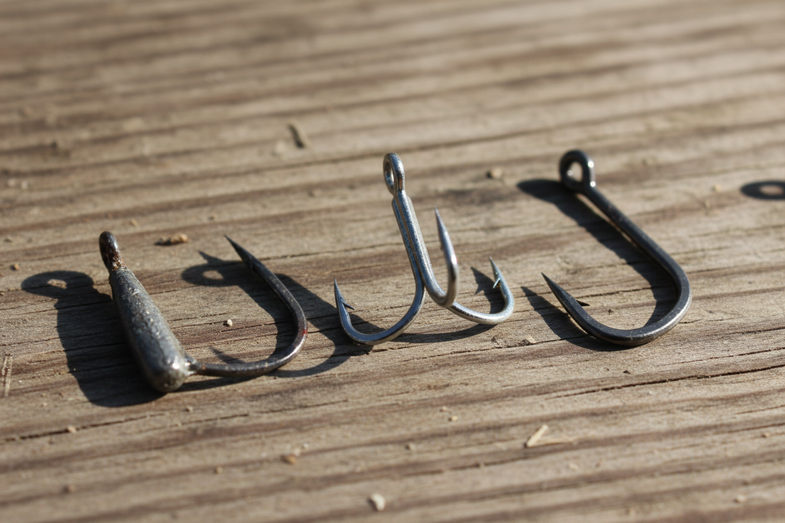 Jig head, crank, and treble fishing hooks arranged beside hard and soft lures