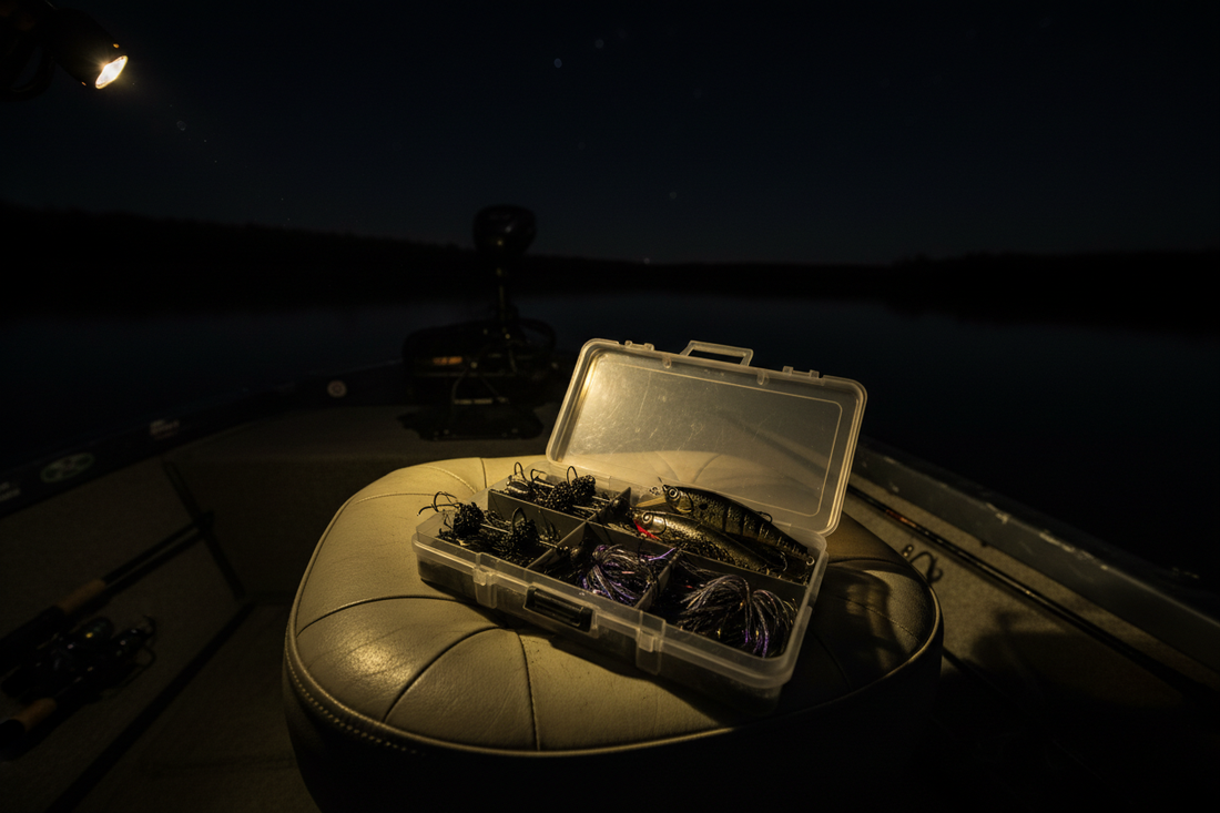 Black buzzbait, dark popper, jig, swimbait, and spinnerbait arranged for night bass fishing