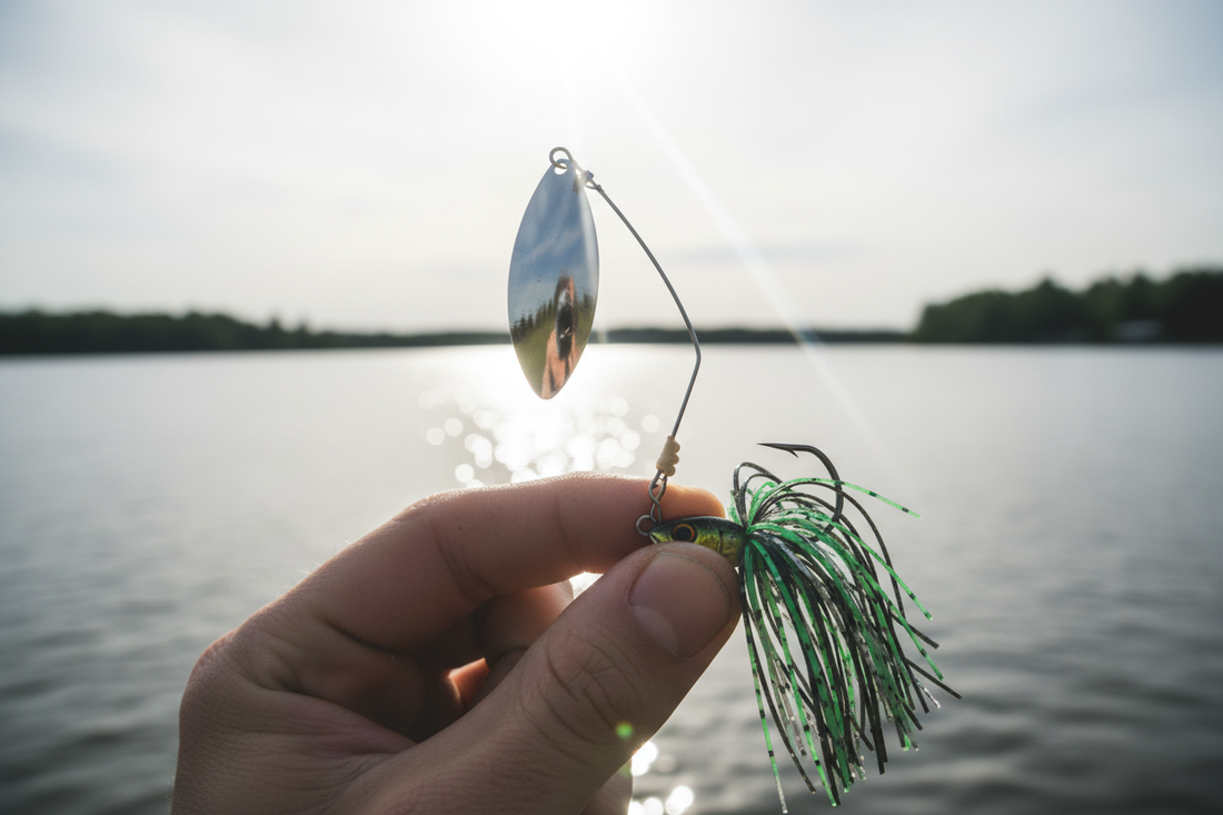 Spinnerbait with metal blades and skirt beside bass fishing tackle
