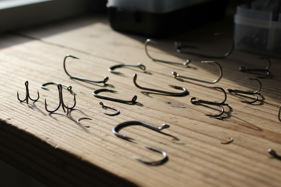 Bass and trout fishing hooks in offset, treble, and round-bend styles on a tackle box