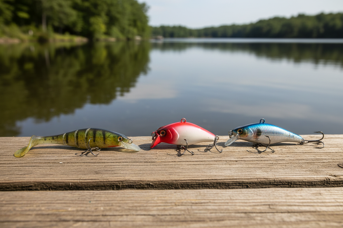 Soft paddle-tail swimbait and hard fishing lures arranged for bass fishing