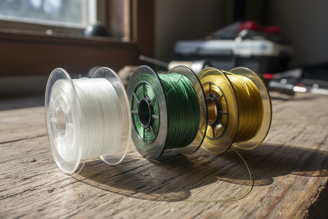 Braided, fluorocarbon, and monofilament fishing line spools beside a bass rod and dock cover