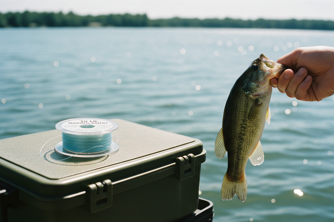 Largemouth bass held beside a 10 lb monofilament spool on a tackle box by a lake
