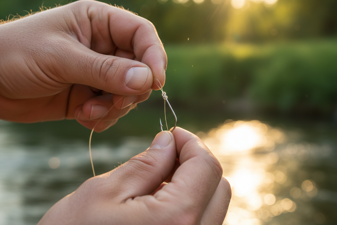 Fishing line tied to hooks, lures, and swivels showing four essential knots