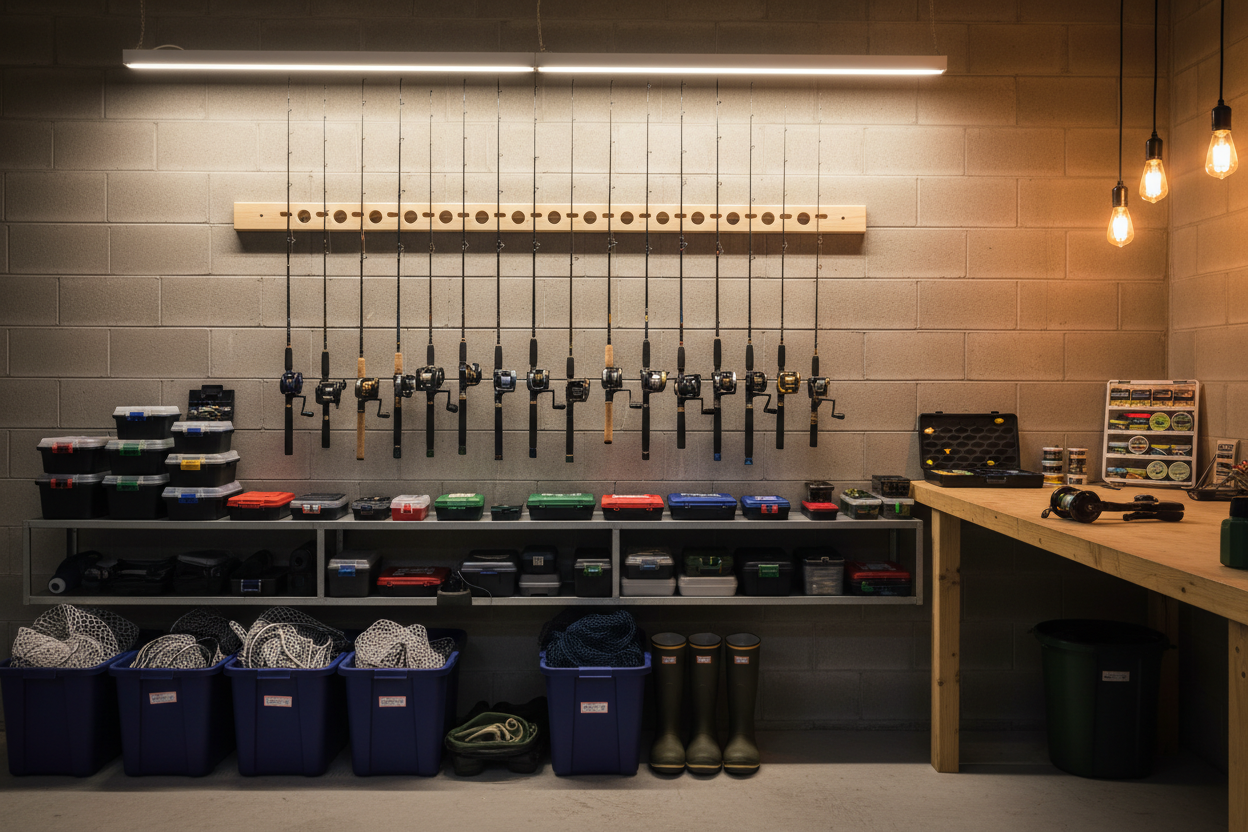 Fishing rods stored in a rack beside a portable rod holder and tackle gear
