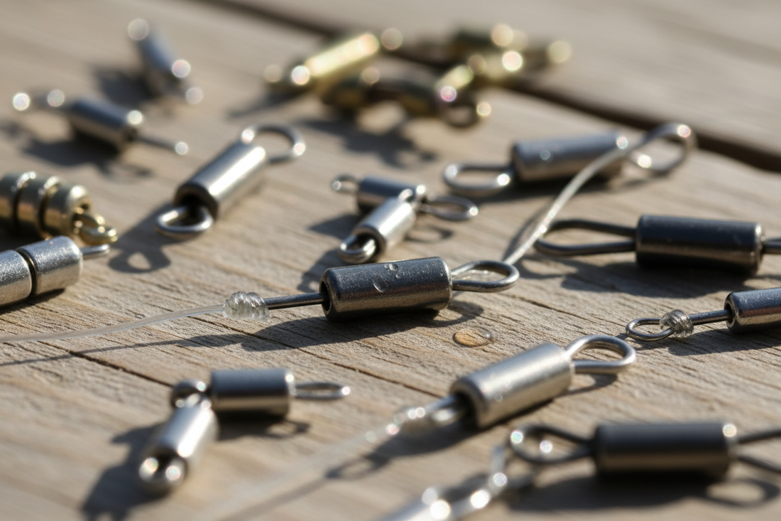 Metal fishing swivels and snap swivels arranged on a wooden dock