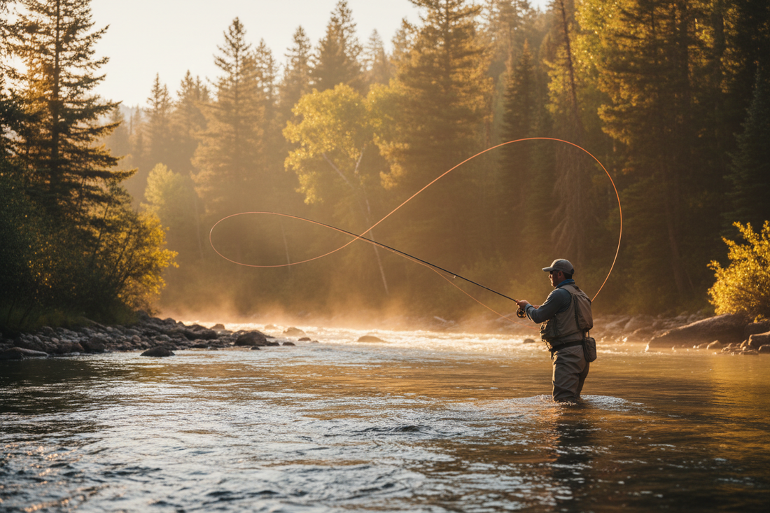 Beginner fly fishing rod, reel, fly line, leader, tippet, and flies