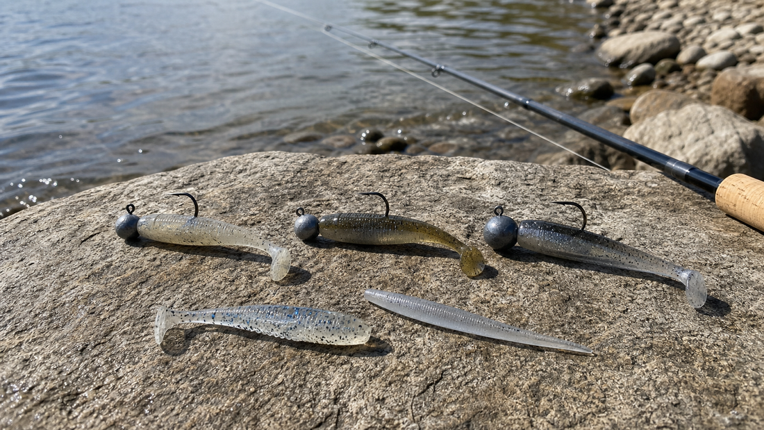 Three round jig heads with barbed hooks shown in different weights for rigging soft plastics