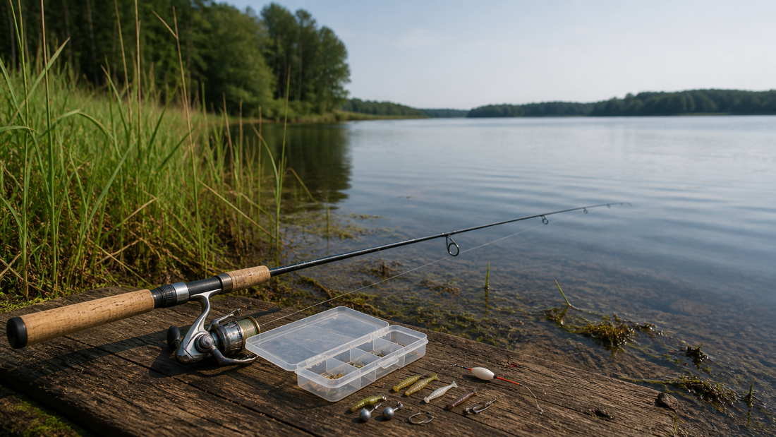 Ultralight perch fishing tackle with small jig, soft plastic, float rig, and spinning reel beside a lake