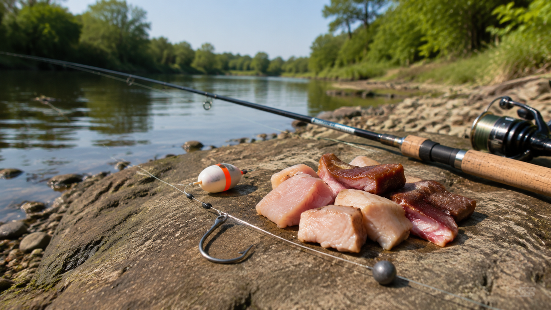 Prepared catfish bait, circle hook, float, and sinker arranged beside a freshwater river bank