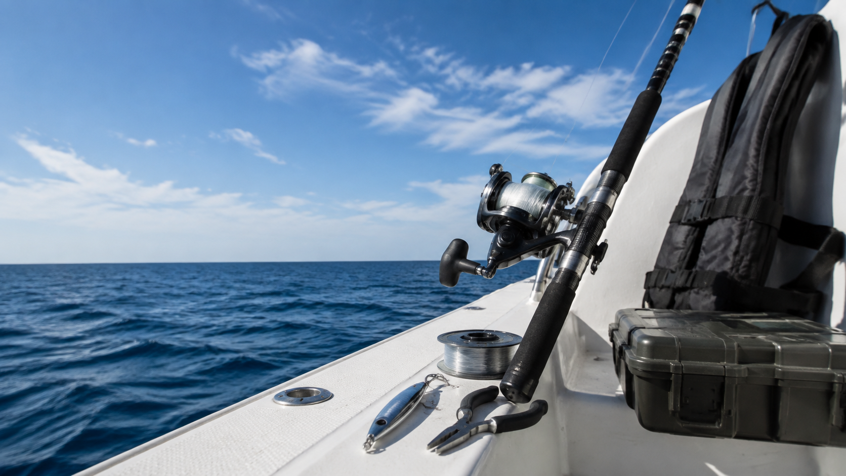 Offshore fishing gear with heavy spinning rod, large reel, leader, jig, pliers, and safety equipment on a boat deck