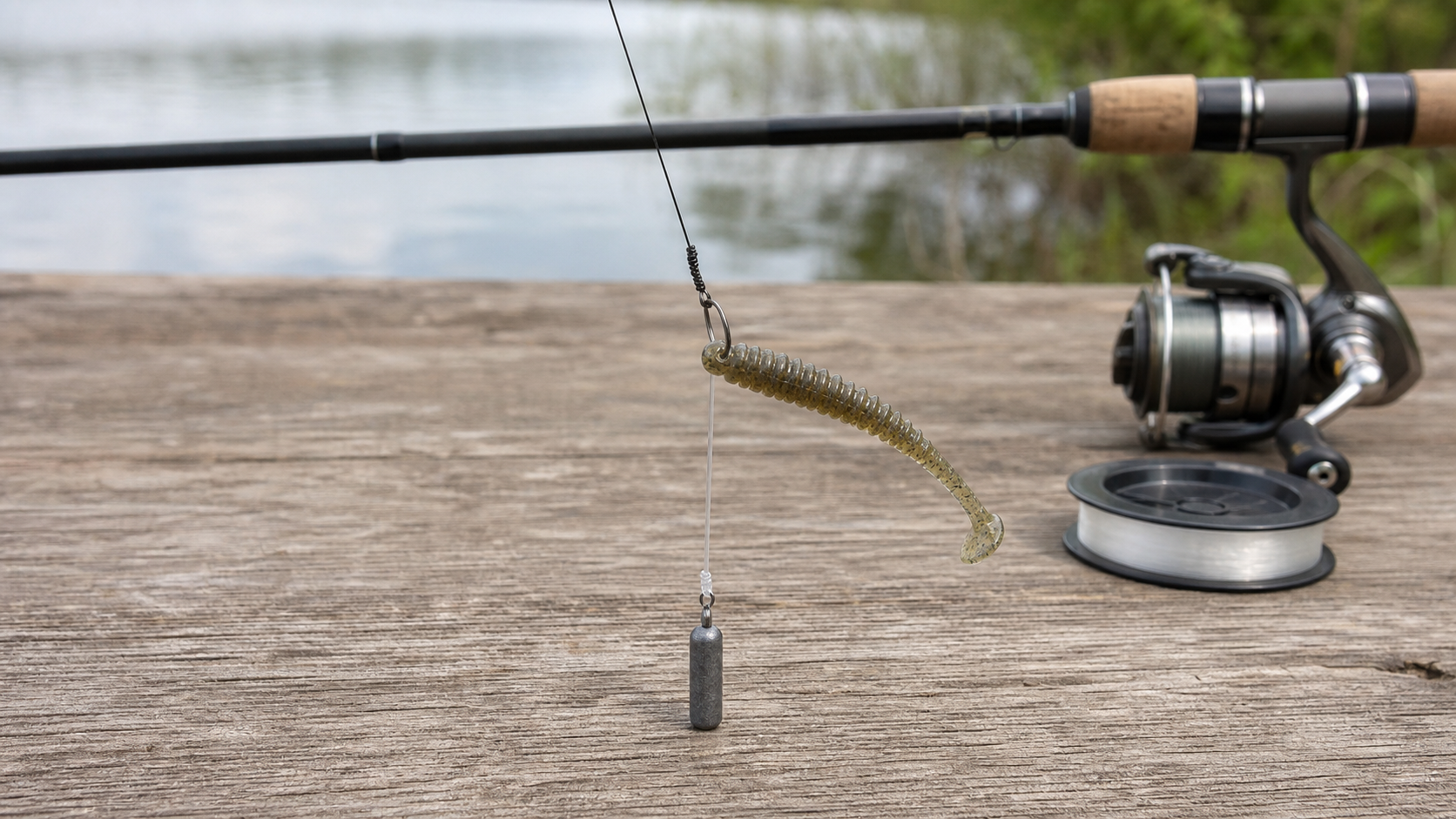 Drop shot rig with a soft plastic bait, fluorocarbon leader, braid main line, and cylindrical weight beside a spinning rod