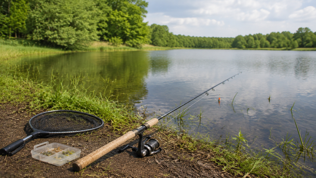 Compact pond fishing kit with light spinning rod, bobber, small hooks, soft lures, and landing net beside calm water