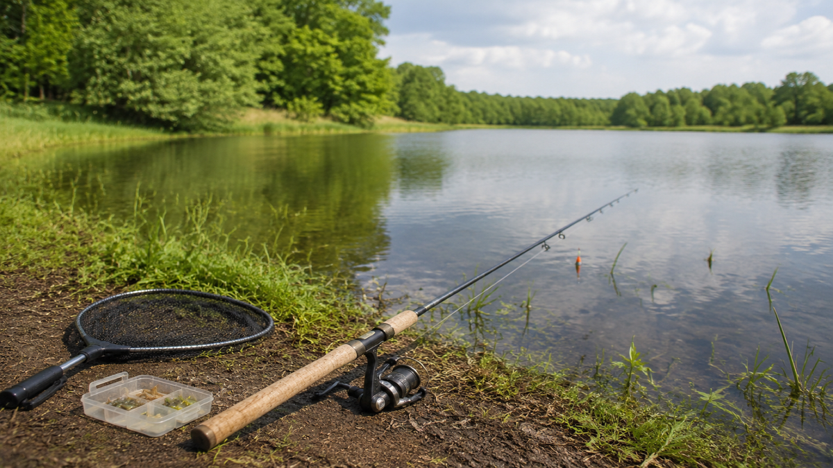 Compact pond fishing kit with light spinning rod, bobber, small hooks, soft lures, and landing net beside calm water