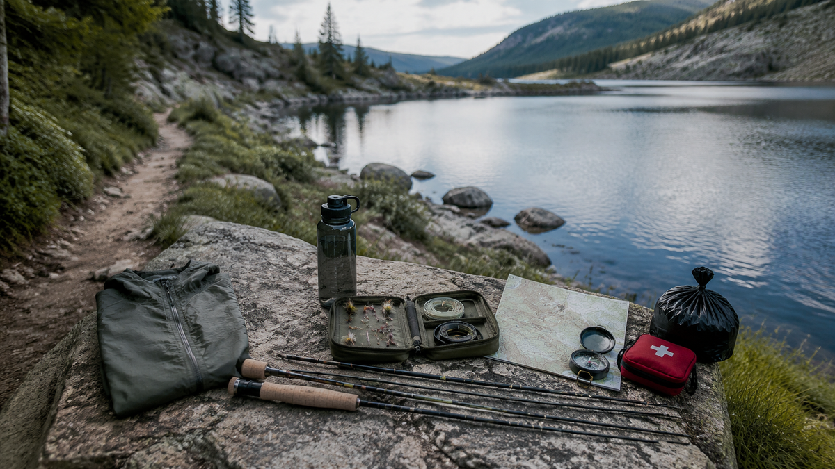 Lightweight fishing rod, compact tackle pouch, water bottle, and trail essentials arranged on a backcountry lake shore