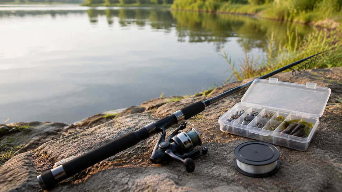 Simple budget fishing gear setup with telescopic rod, compact reel, small hook assortment, and mini tackle box beside a pond