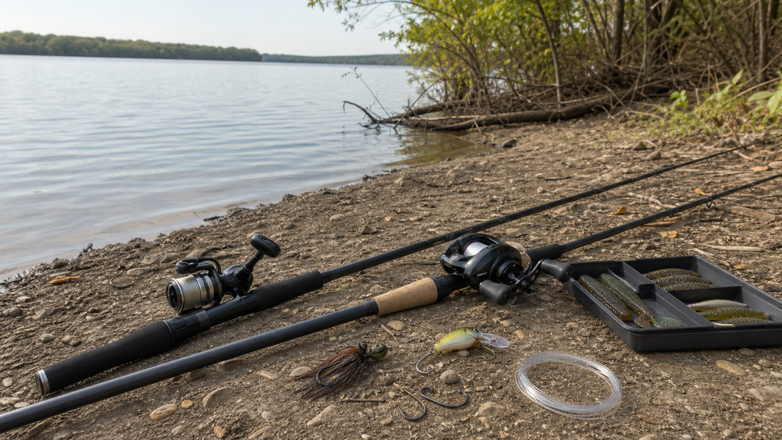 Bass fishing rod and reel with soft plastics, hooks, line, and a compact tackle tray beside a freshwater shoreline